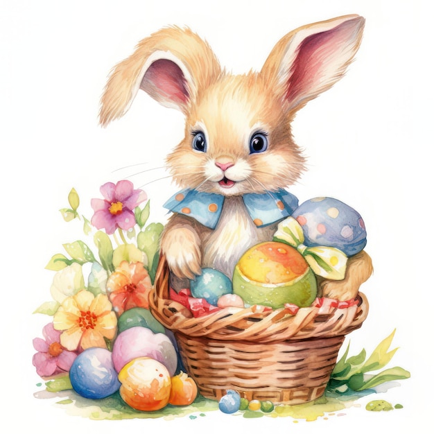 Coniglietto di Pasqua con cesto di uova e fiori Illustrazione ad acquerello