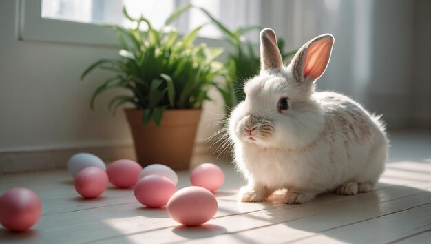 Coniglietto di Pasqua con fiori e uova di Pasqua nei raggi del sole primaverile generato dall'AI
