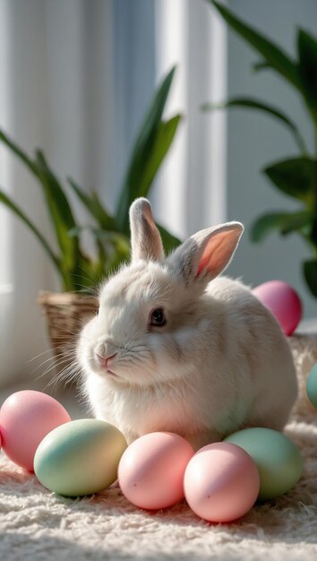 Coniglietto di Pasqua con fiori e uova di Pasqua nei raggi del sole primaverile generato dall'AI