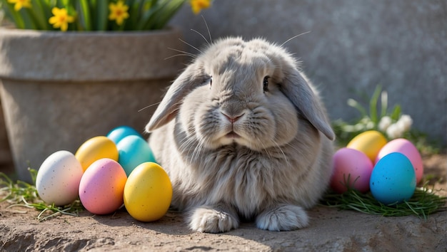 Coniglietto di Pasqua con fiori e uova di Pasqua sull'erba verde nei raggi del sole primaverile generato dall'AI