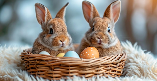 Coniglietto di Pasqua con un cesto di uova di Pasqua Santa festa di Pasqua immagine generata dall'AI