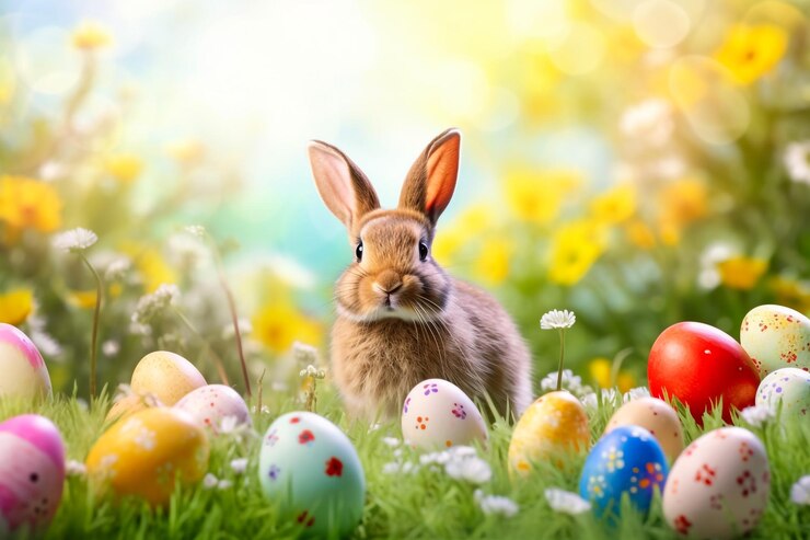 Foto coniglietto di pasqua con un cesto di uova felice coniglietto di pasqua su una carta sulle gambe posteriori con fiori a