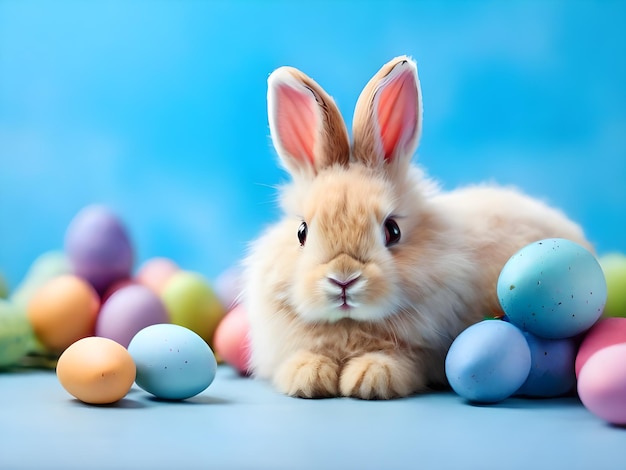 Coniglietto di Pasqua con un sacco di uova di Pasqua colorate con spazio di copia per il testo