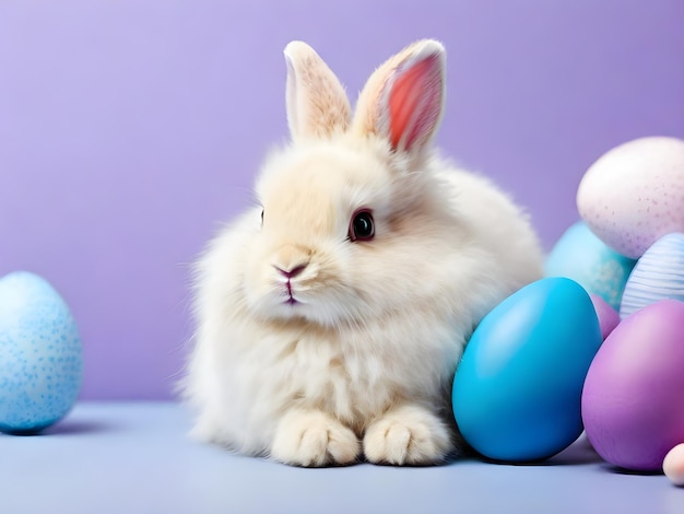 Coniglietto di Pasqua con un sacco di uova di Pasqua colorate con spazio di copia per il testo