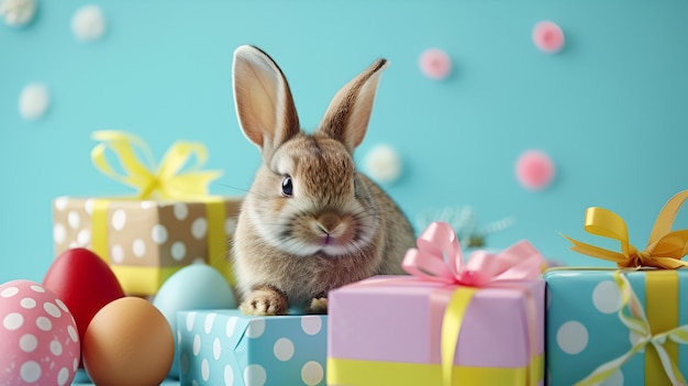 Coniglietto di Pasqua con uova colorate e scatole con regali su uno sfondo blu