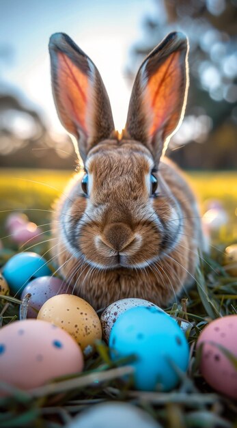 Coniglietto di Pasqua con uova colorate fiori e un coniglio in un campo con la luce del sole