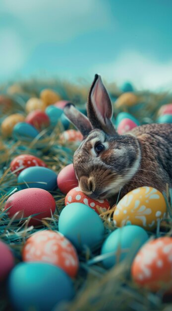 Coniglietto di Pasqua con uova colorate fiori e un coniglio in un campo con la luce del sole