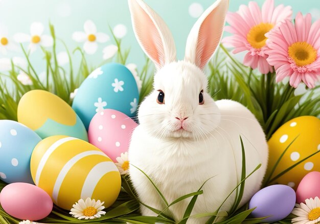 Coniglietto di Pasqua con uova colorate nel nido ai generative