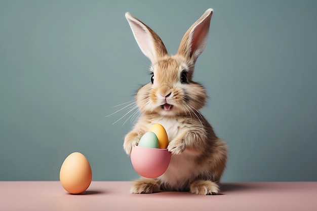 Coniglietto di Pasqua con uova di Pasqua su sfondo pastello