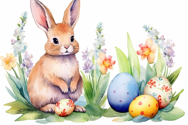 Coniglietto di Pasqua con uova dipinte Pittura ad acquerello su sfondo bianco