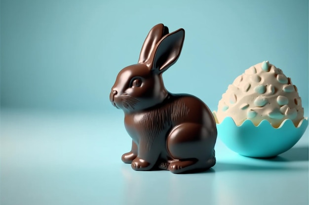 Coniglietto di Pasqua di cioccolato su uno sfondo azzurro. Buona Pasqua. IA generativa