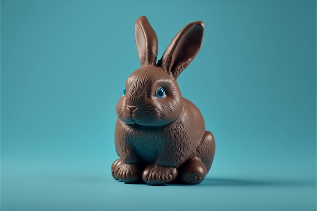 Coniglietto di Pasqua di cioccolato su uno sfondo azzurro. IA generativa