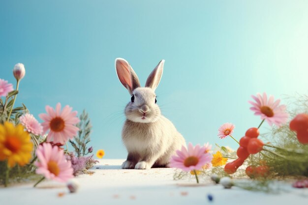 Coniglietto di Pasqua e fiori sullo sfondo del cielo blu Concetto di vacanza di Pasqua