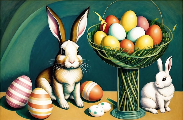 Coniglietto di Pasqua e uova in fattoria Sfondo del paesaggio Celebrazione delle vacanze di Pasqua AI generato