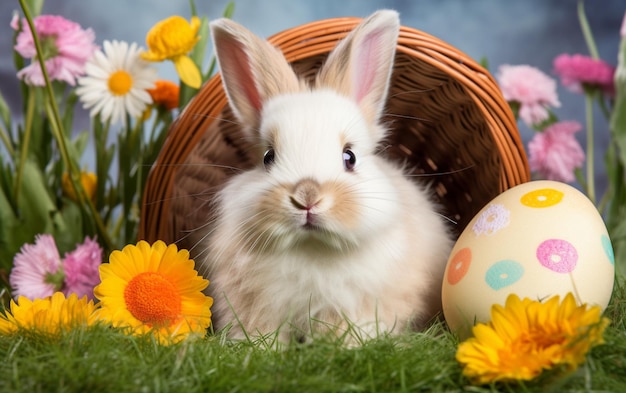 Coniglietto di Pasqua e uova sul campo di erba verde Prato di primavera