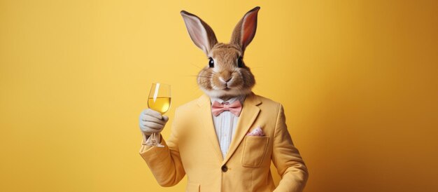 Coniglietto di pasqua in abito giallo con un bicchiere di vino bianco su sfondo giallo