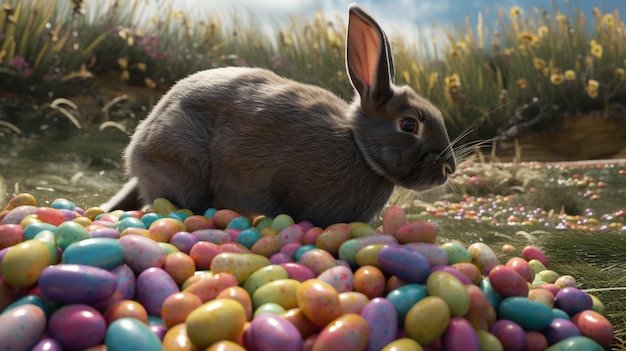 Coniglietto di Pasqua in un campo con le uova