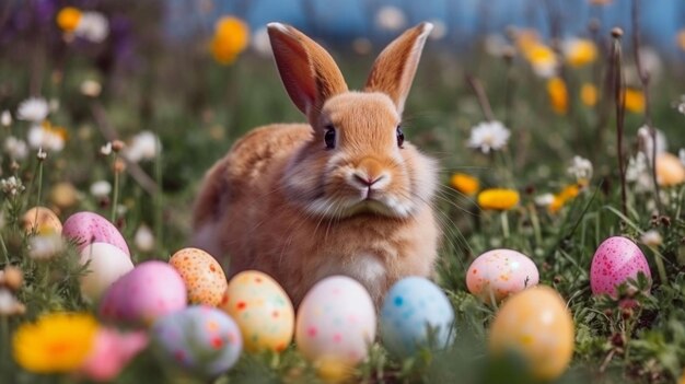 Coniglietto di Pasqua in un campo con le uova