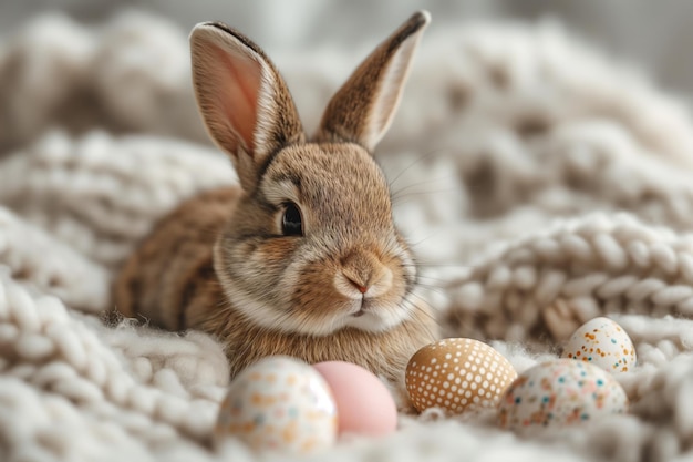 Coniglietto di Pasqua marrone con uova di Pasqua colorate seduto su una coperta a maglia beige