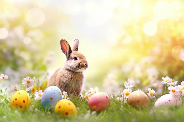 Coniglietto di Pasqua nel giardino soleggiato con uova colorate decorate Coniglietto di Pasqua nel giardino di erba verde