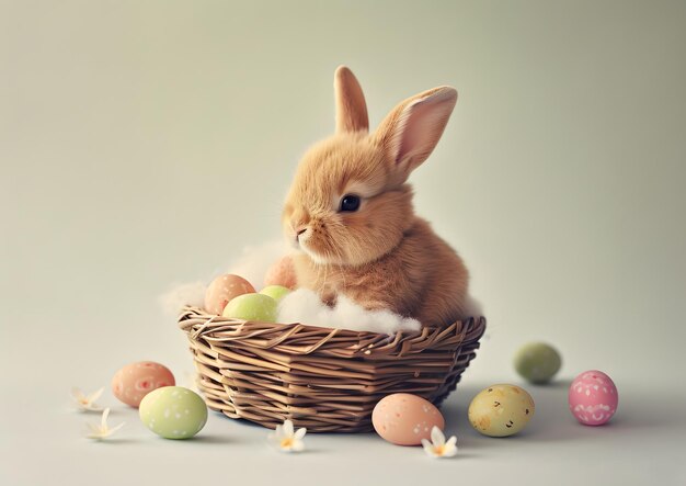 Coniglietto di Pasqua seduto in un cesto con uova AI generativa