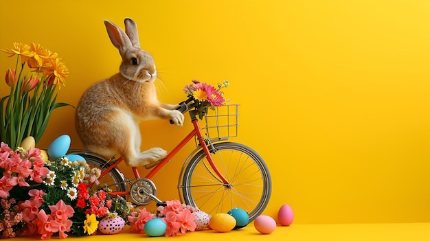 Coniglietto di Pasqua su una bicicletta con uova colorate e fiori su uno sfondo giallo