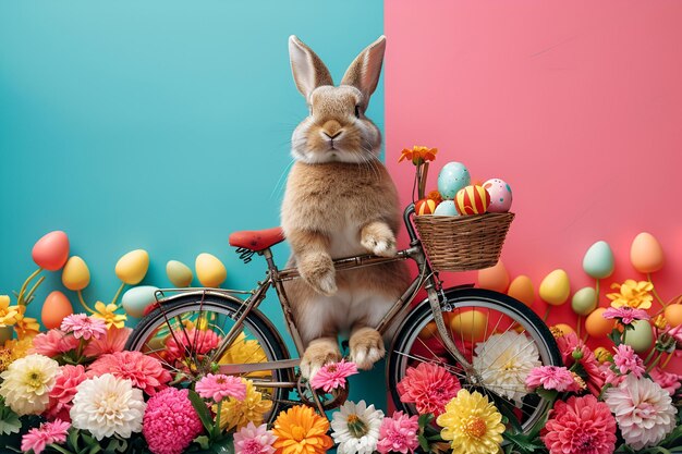 Coniglietto di Pasqua su una bicicletta con uova dipinte in un cesto e fiori su uno sfondo rosa e blu