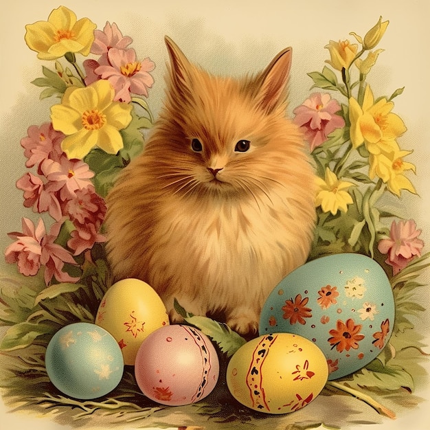 Coniglietto felice colorato con molte uova di Pasqua sull'erba sullo sfondo festivo per il design decorativo