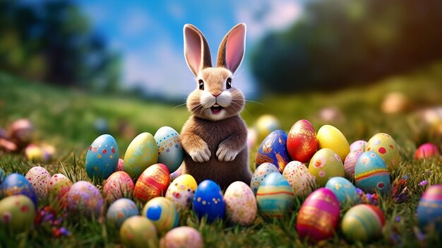Coniglietto felice con molte uova di pasqua sull'erba sfondo festivo per il design decorativo IA generativa