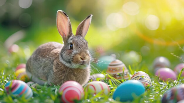 coniglietto felice con molte uova di Pasqua sullo sfondo festivo dell'erba