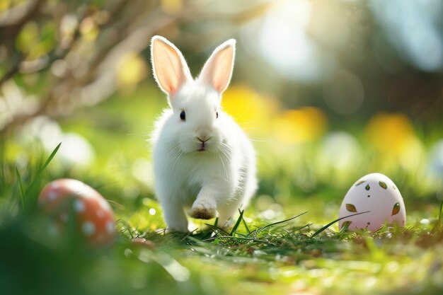 Coniglietto felice con uova di Pasqua sull'erba ai generativi festivi