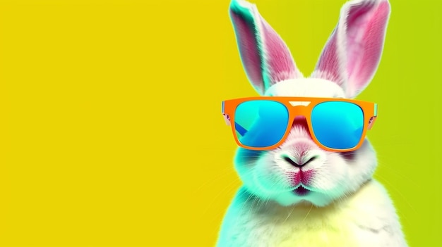 Coniglietto fresco con occhiali da sole su sfondo colorato IA generativa