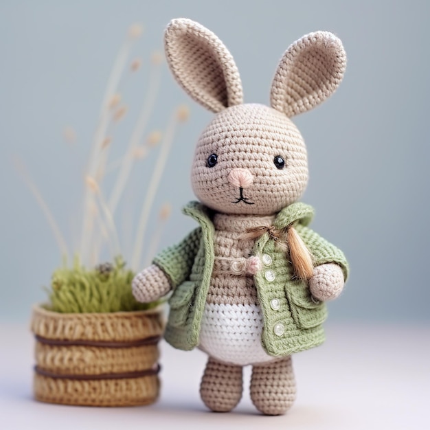 Coniglietto giocattolo a maglia fatto a mano con un cesto di erba su uno sfondo grigio