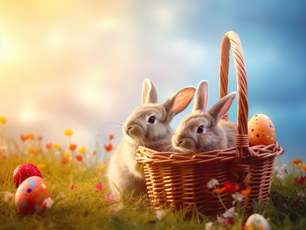 Coniglietto in cesto con uova di Pasqua decorate Concetto di Pasqua IA generativa