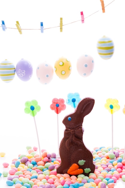 Coniglietto pasquale al cioccolato con altre caramelle pasquali.