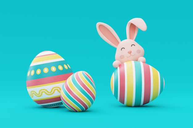 Coniglietto pasquale con uova di pasqua colorate su sfondo bluhappy easter holiday conceptminimal style3d renderingxA