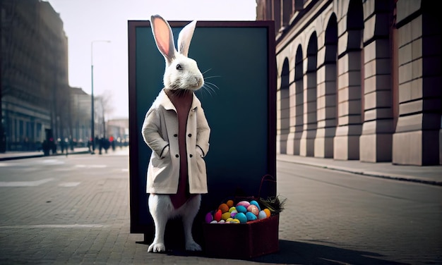 Coniglietto pasquale e cesto di uova di pasqua in cappotto accanto al mockup di tabellone per le affissioni vuoto nel concetto di buona pasqua della città IA generativa