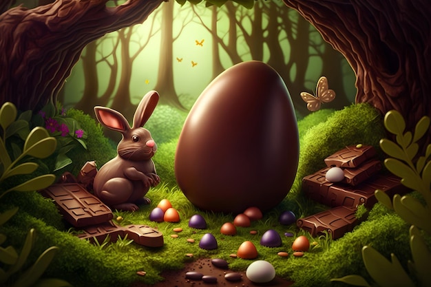 Coniglietto pasquale grande uovo di cioccolato e uova colorate in una magica foresta fatata Generative AI 4