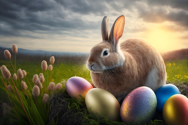 Coniglietto pasquale o coniglio sul prato primaverile con fiori di uova colorate al biglietto di auguri per le vacanze sintise arte generativa rete neurale ai generata