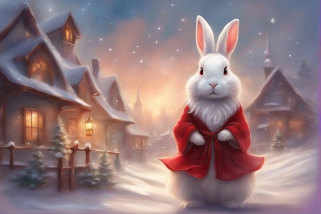 coniglietto peloso bianco che indossa un vestito di Natale con un berretto rosso su uno sfondo sfocato di neve
