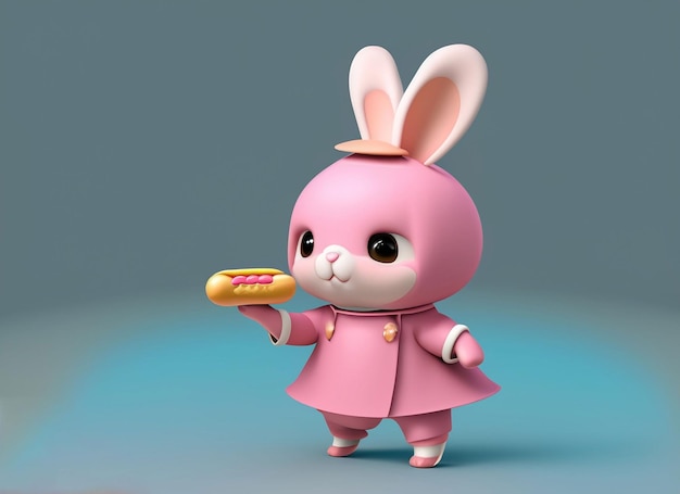 Coniglietto rosa bambino carino 3d che tiene un berretto e indossa un vestito in mano sfondo solido ciambella