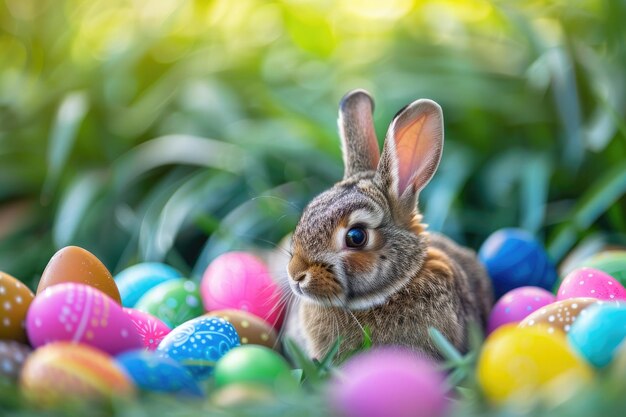 coniglietto seduto intorno a uova di Pasqua colorate e brillanti fuori