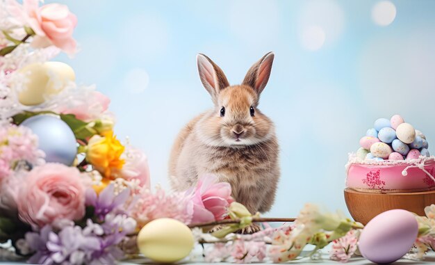 Coniglietto soffice con uova di Pasqua e fiori di primavera su uno sfondo chiaro