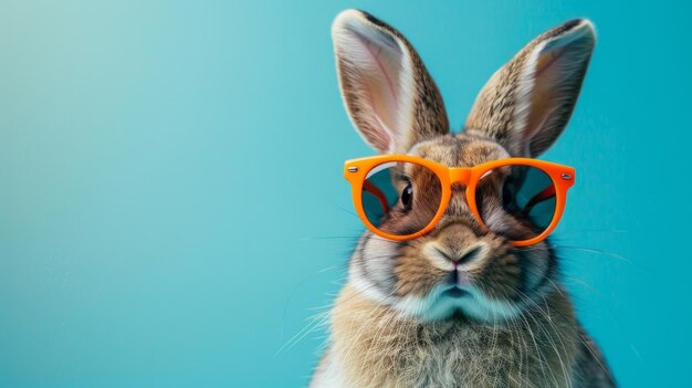 Coniglio alla moda che indossa occhiali da sole arancioni sullo sfondo blu pastello morbido stravagante con ampio spazio di copia AI Generative