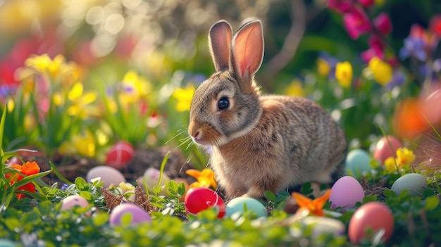Coniglio annidato tra le uova di Pasqua nell'ambiente naturale erboso