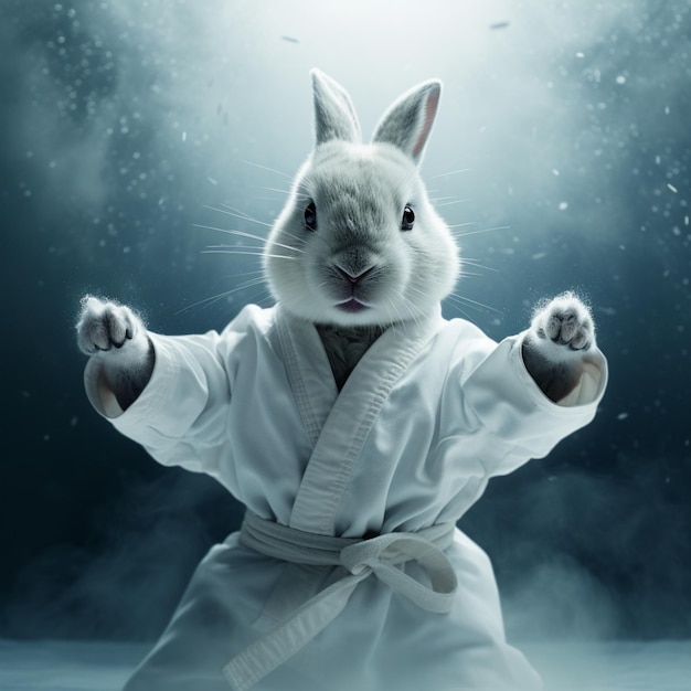 coniglio arafed vestito in abito di karate in piedi nella nebbia generativa ai