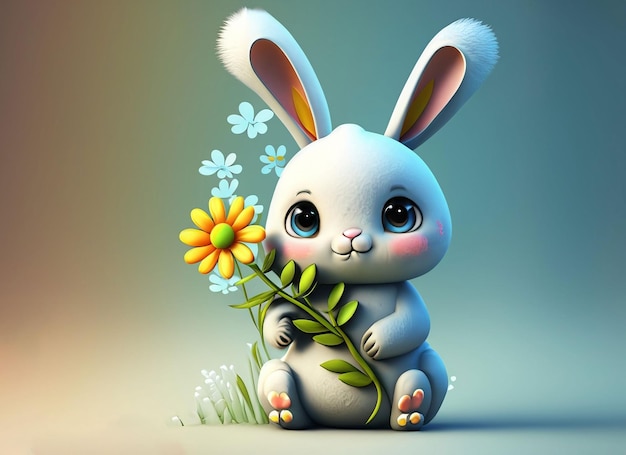 Coniglio bambino carino in 3D con un fiore in mano