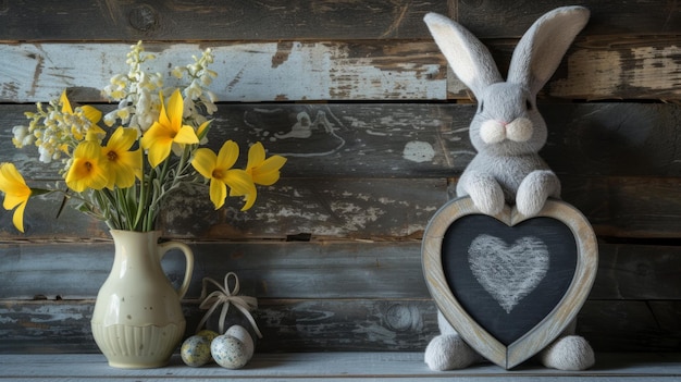 Coniglio bianco accanto alla lavagna e al vaso di fiori su uno sfondo di legno rustico perfetto per il tema di Pasqua o primavera