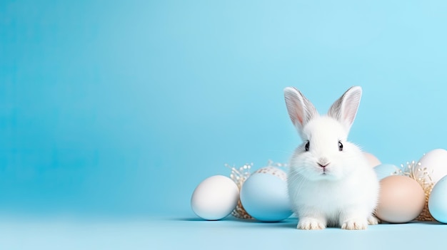 Coniglio bianco carino e uova di Pasqua su sfondo blu con spazio per la copia