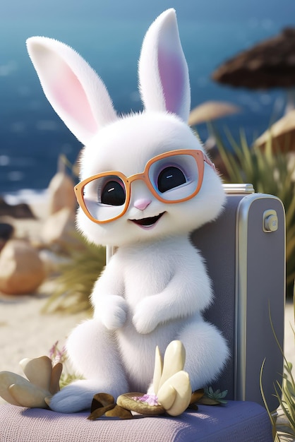 Coniglio bianco che prende il sole sulla spiaggia con gli occhiali neri Creato con l'intelligenza artificiale generativa